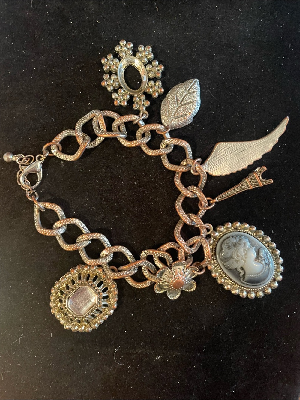 Vintage Gold & Silver Tone Cameo Charm Bracelet Adjustable Size Unknown Material